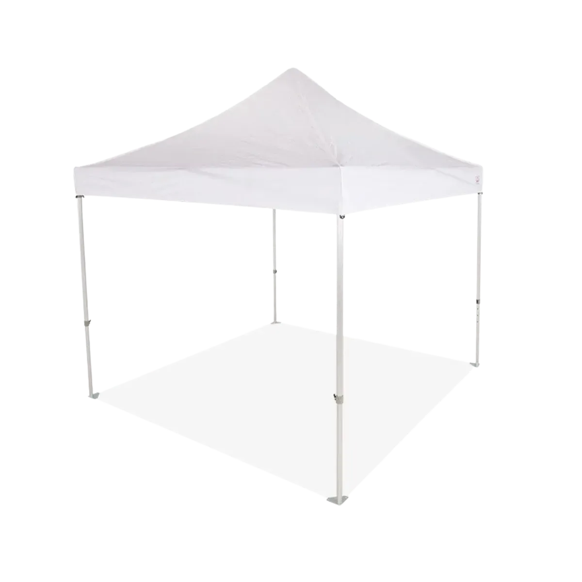 A white 10 by 10 ft pop-up canopy standing open with no walls, its peaked top drawn up to a single centre point over four telescoping legs