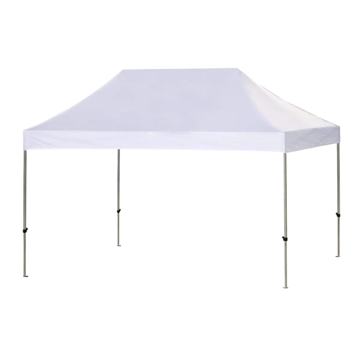 A white 10 by 15 ft pop-up canopy seen from the long side, the top hipped down to a short ridge with legs at the corners and at the middle of each long edge
