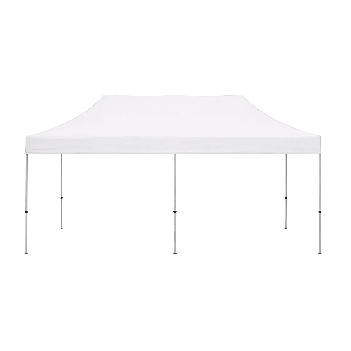 A white 10 by 20 ft pop-up canopy photographed square on, the ridge running the full length of the top and the legs stepped evenly along both sides