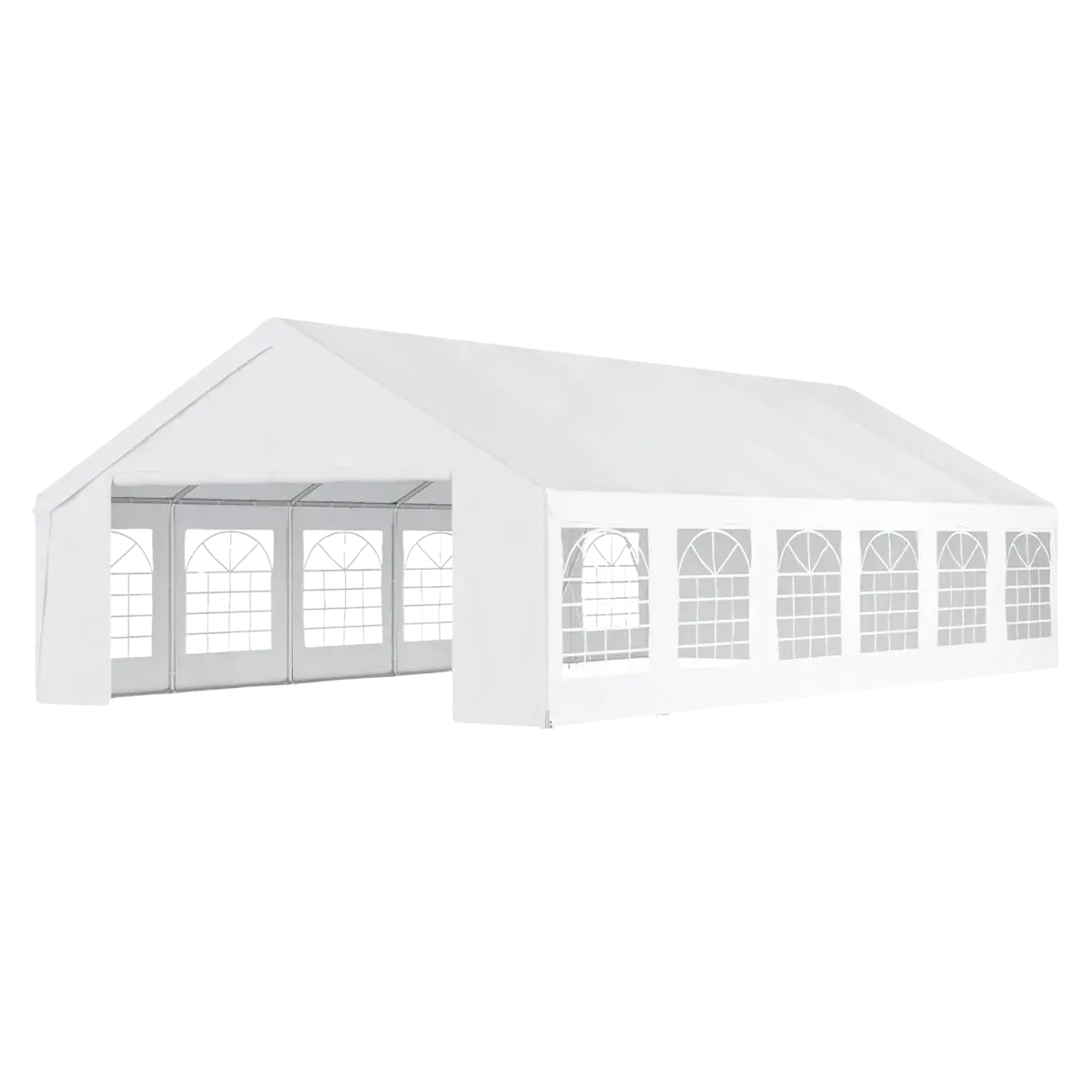 The longest white gabled party tent in the range, six arched window panels down one wall and the roof carried unbroken from one gable end to the other