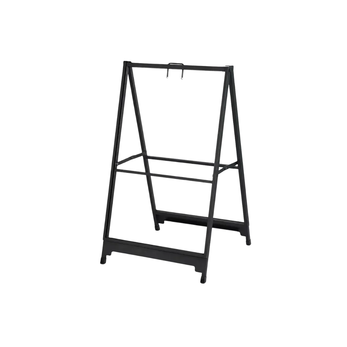 An empty black steel A-frame board seen from one side, two hinged panels open into an A with a cross brace between them, a carry handle standing up out of the top edge and a wide flat foot rail running out past the frame at the bottom