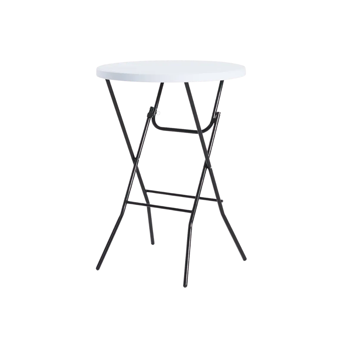 A 32-inch cocktail table at bar height, a round white top standing on slim black scissor legs braced near the floor