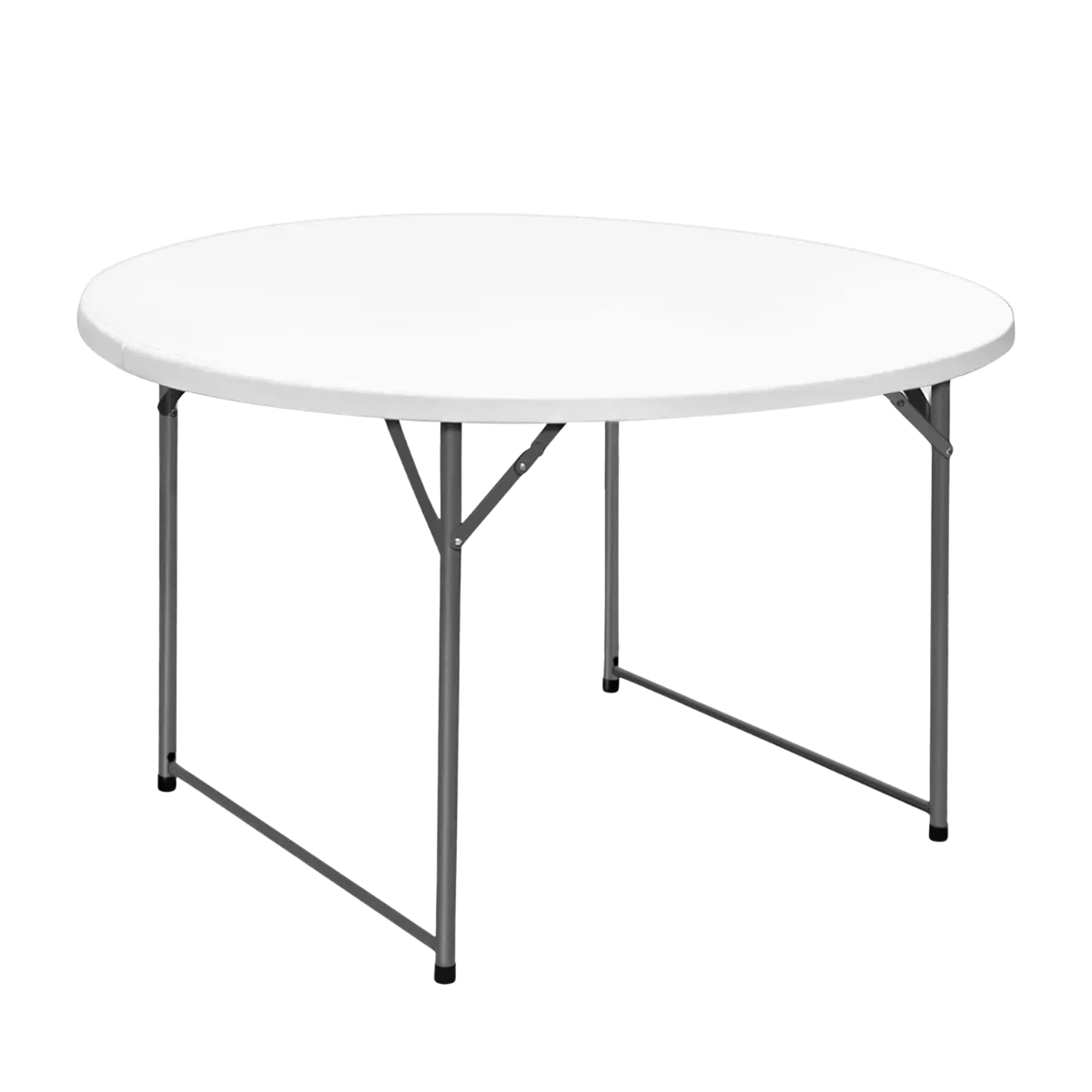 A 48-inch round folding table, a white moulded top carried on a grey steel frame whose braced legs fold in underneath it