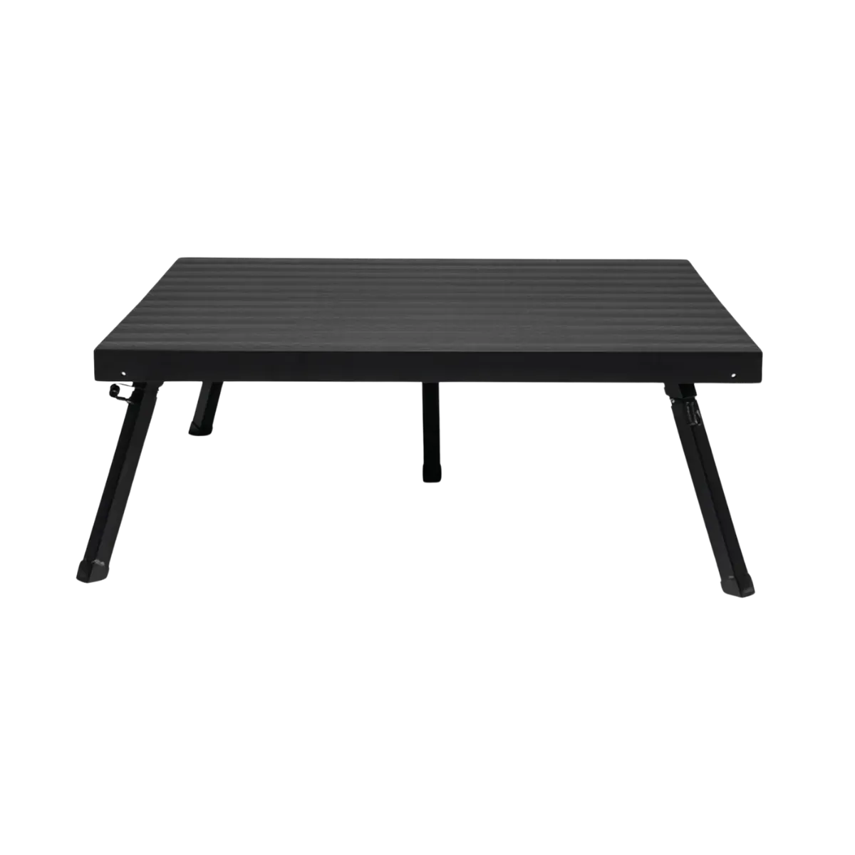 A single square stage deck standing low on four splayed legs and a fifth under its middle, the ribbed black top edged in a plain aluminium frame