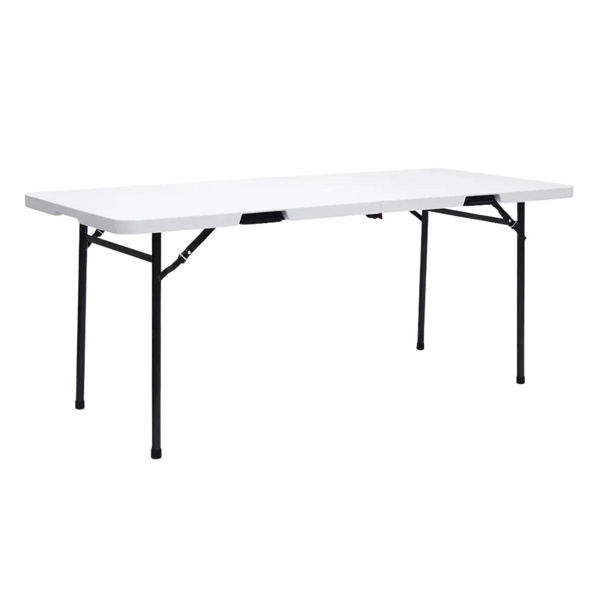 A 6 ft rectangular banquet table open on dark folding legs, the white moulded top showing its centre fold line and a recessed handle set into the edge