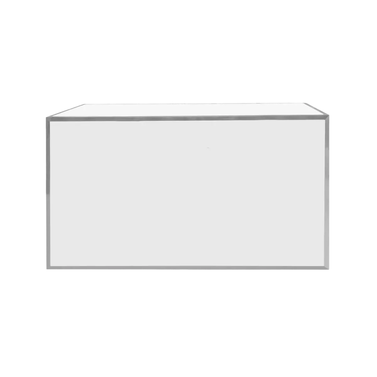 A straight portable bar photographed head on, white high-gloss acrylic panels filling a slim polished stainless steel frame on all sides, with the frame edging visible along the top and the corners