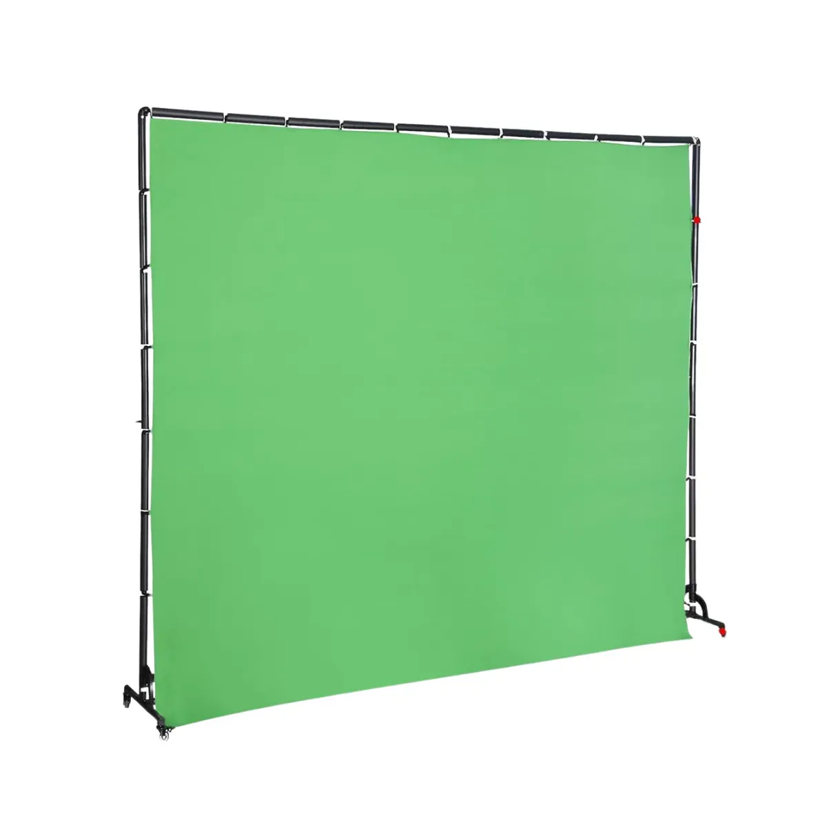 A wide green cloth stretched flat across a black push-fit tube frame, the cloth clipped along the top rail and the frame standing on two low crossbars with castors at the corners