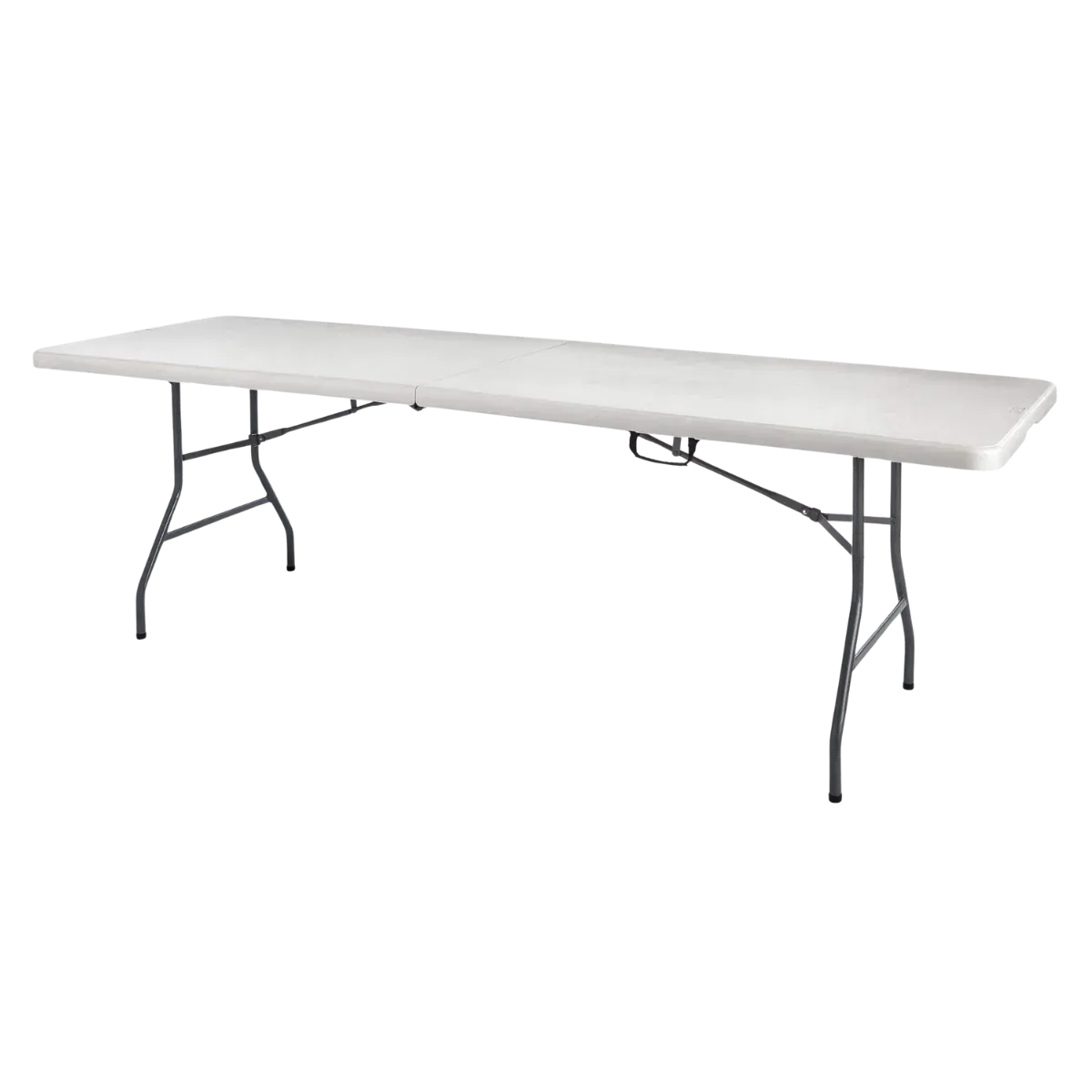 An 8 ft rectangular banquet table photographed down its length, the thick white top carried on two pairs of grey folding legs with the fold running across the middle