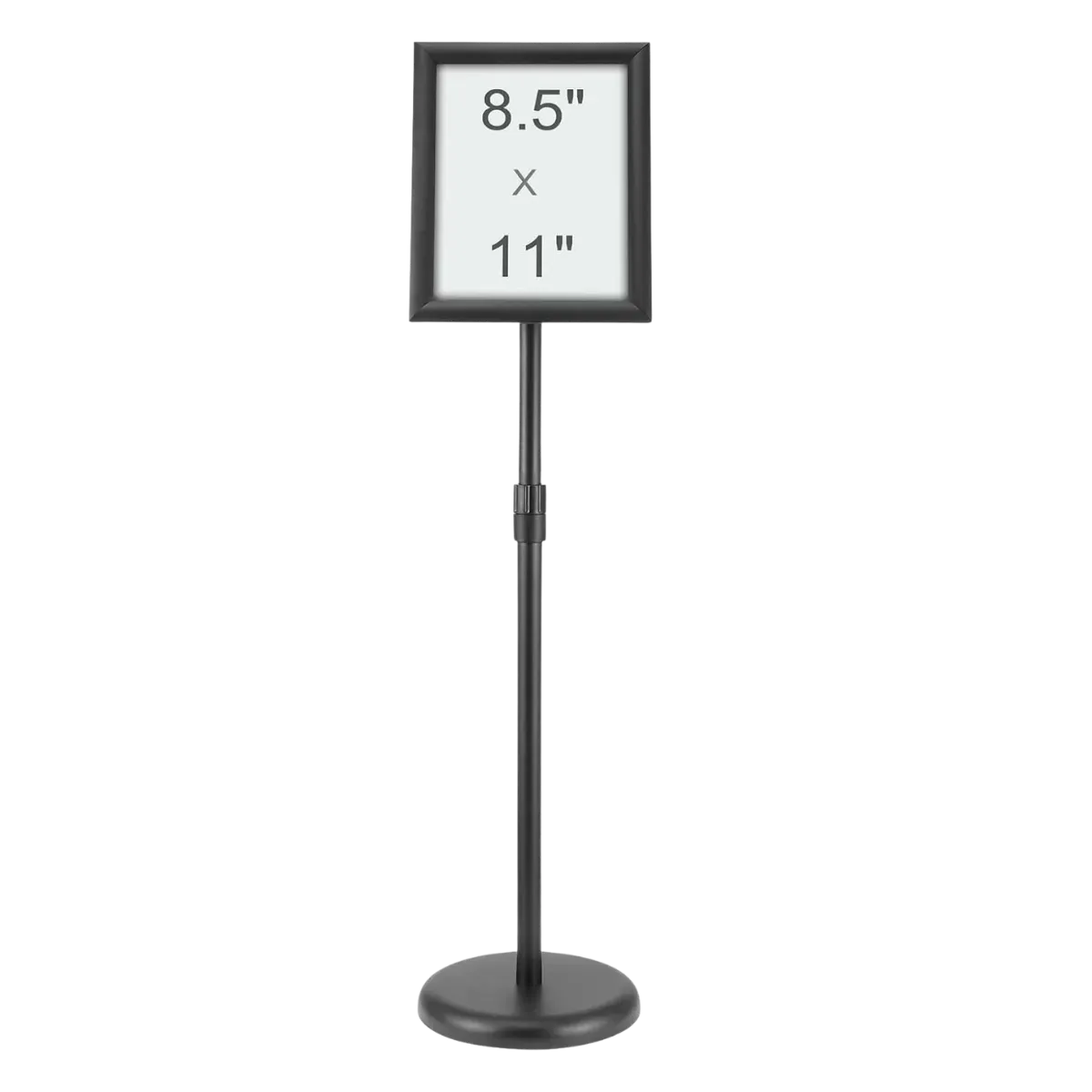 A sign stand on a weighted disc base, an empty portrait frame held at reading height on a single upright