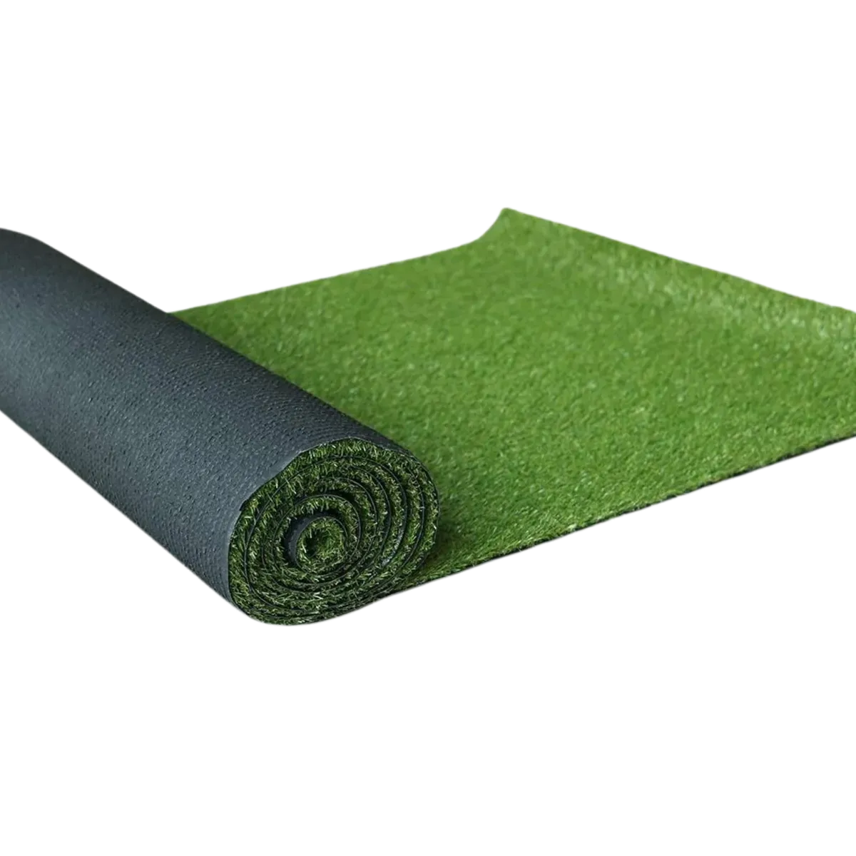 A part-unrolled length of green artificial turf, the short dense pile lying flat and the dark woven backing showing along the rolled edge