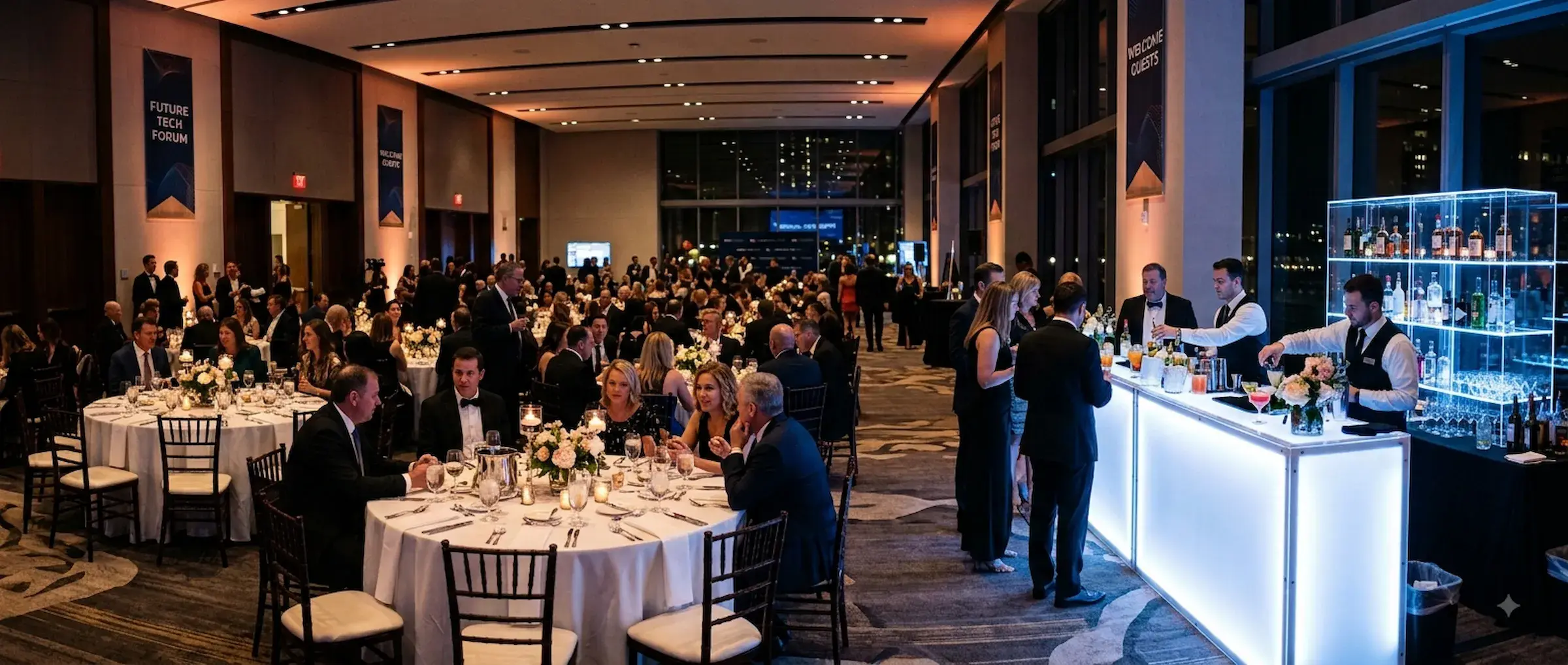 An evening gala in a hotel ballroom, guests in black tie at linened round tables on the left and a long white bar counter on the right where bartenders are pouring, with a glass shelving unit of bottles behind them