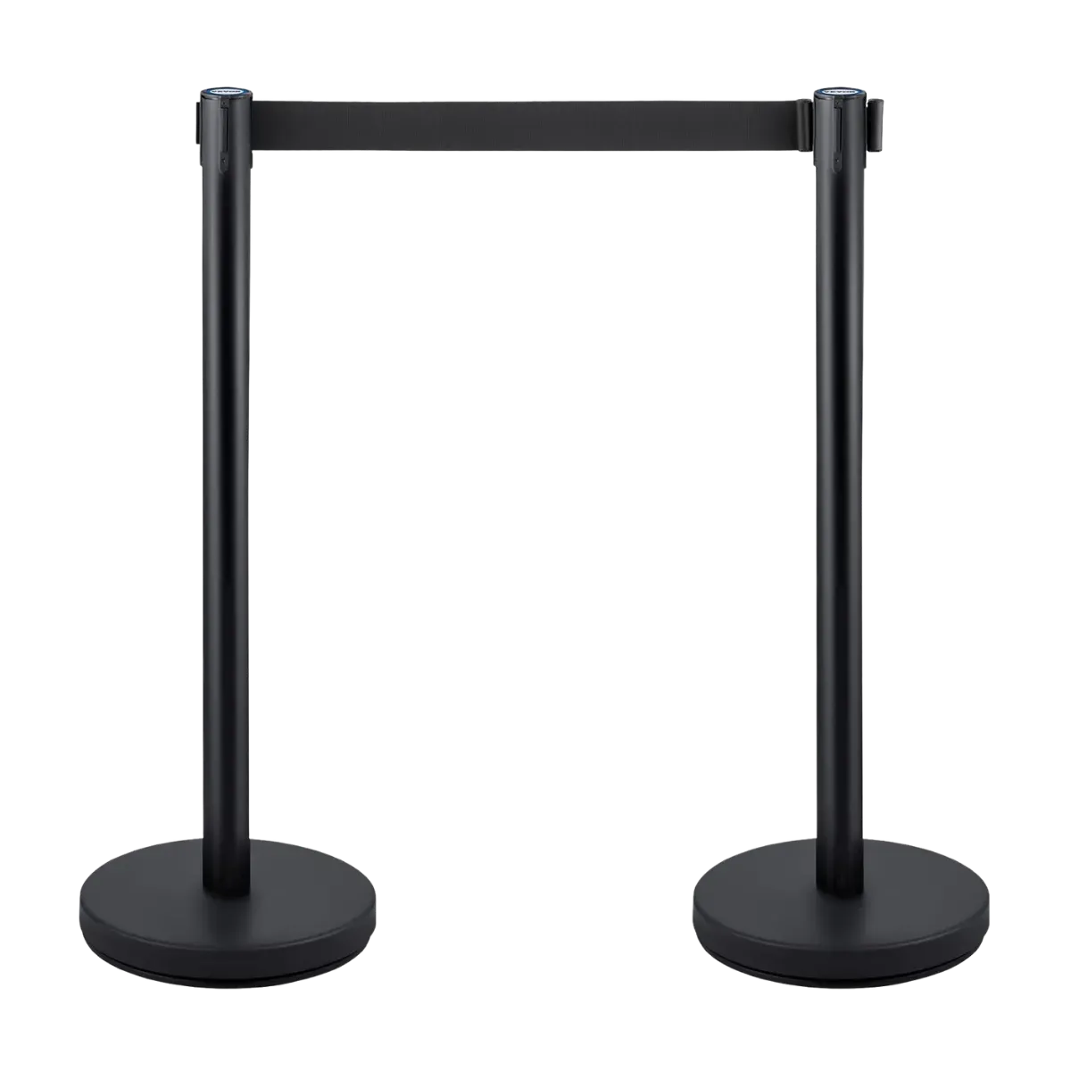 Two matte black belt posts with the retractable belt drawn between them