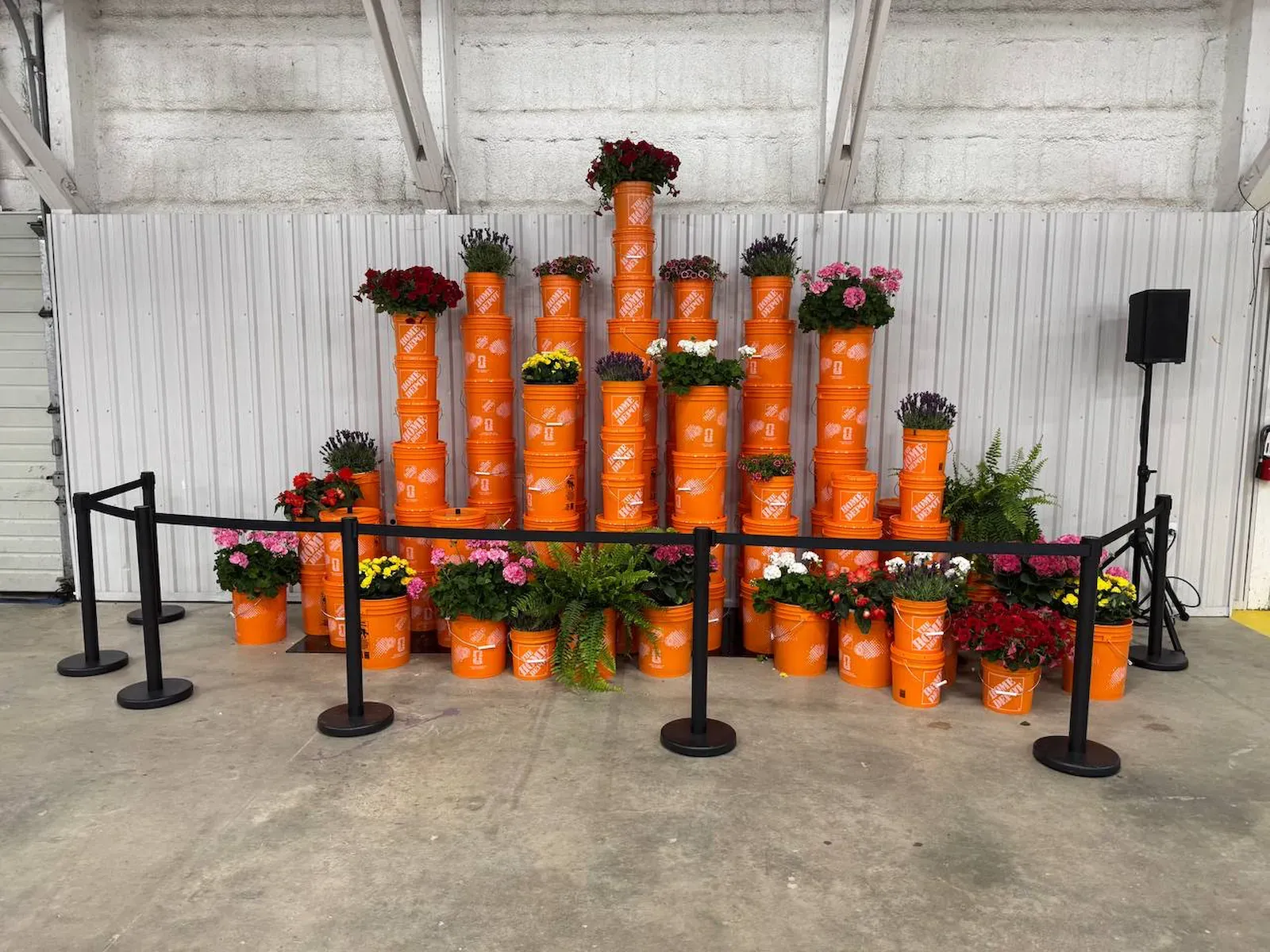 Four black belt posts holding a standoff line in front of a stacked display of Home Depot buckets planted with flowers