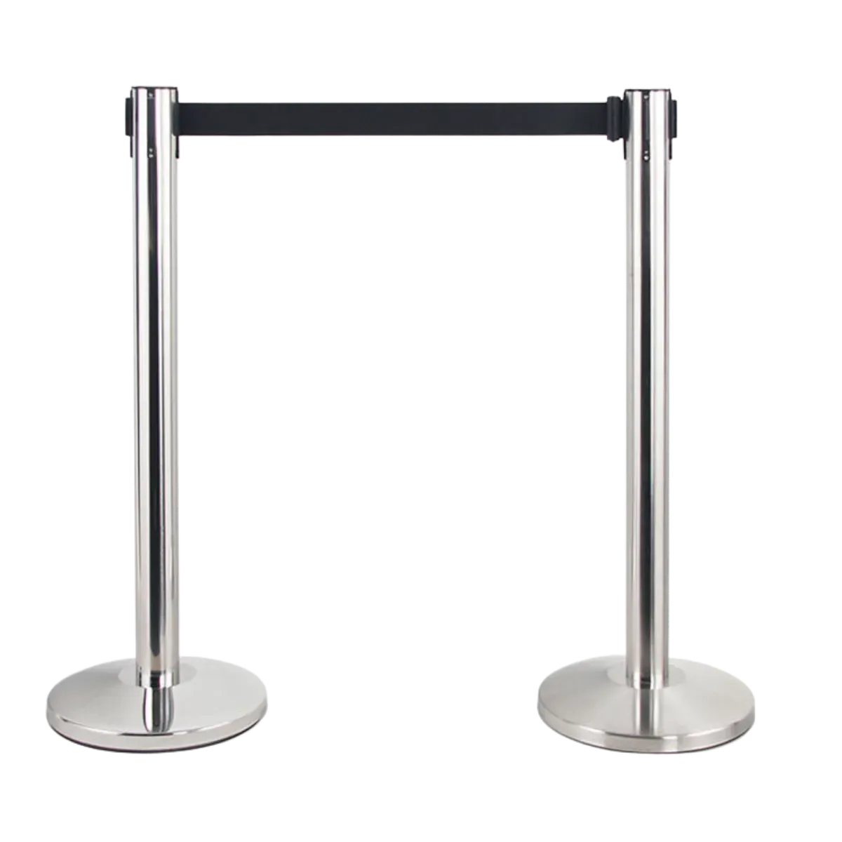The same post in polished chrome, belt extended between a matching pair