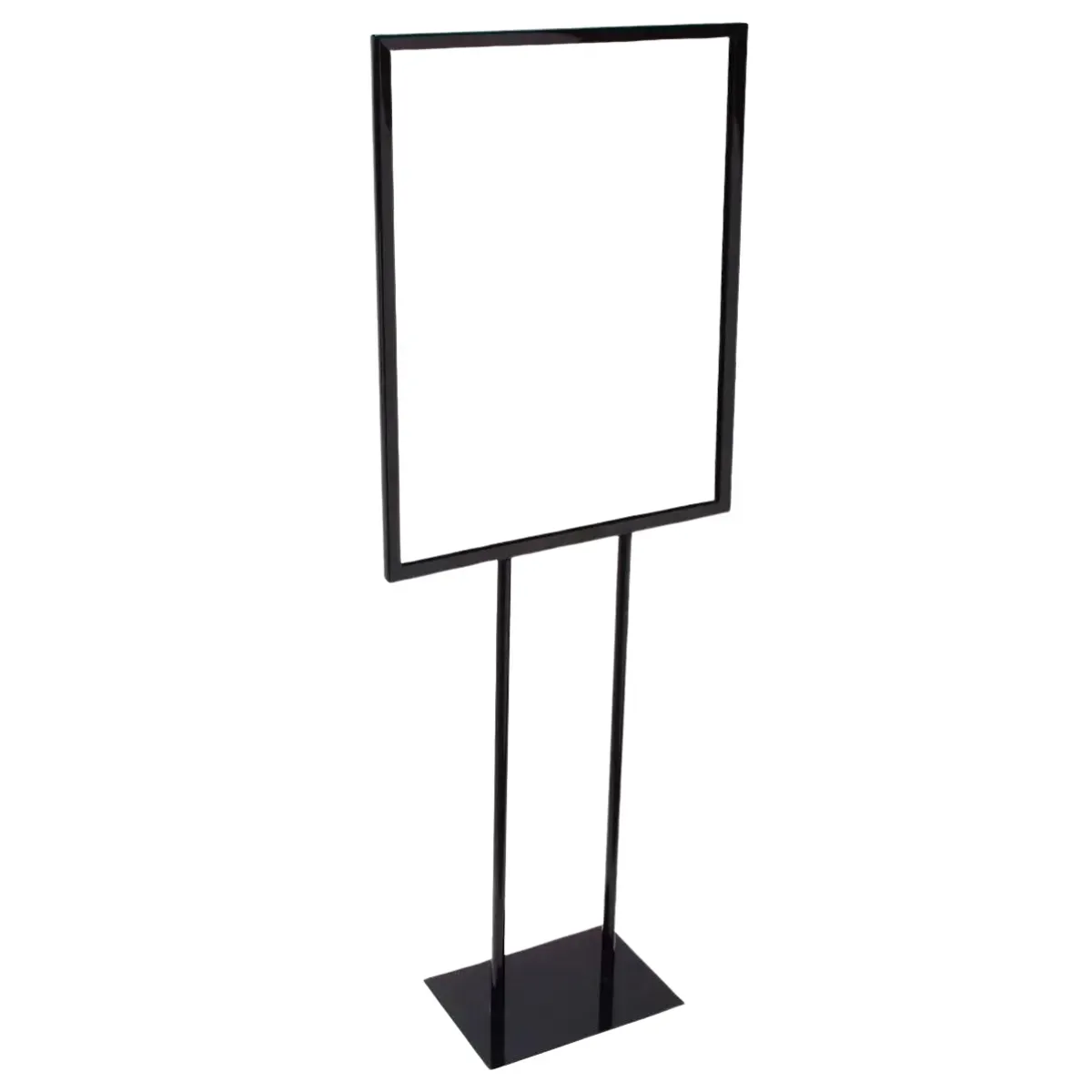 A tall portrait poster frame in flat black, empty and open through the middle, held up on two slim uprights that drop into a small rectangular black base plate