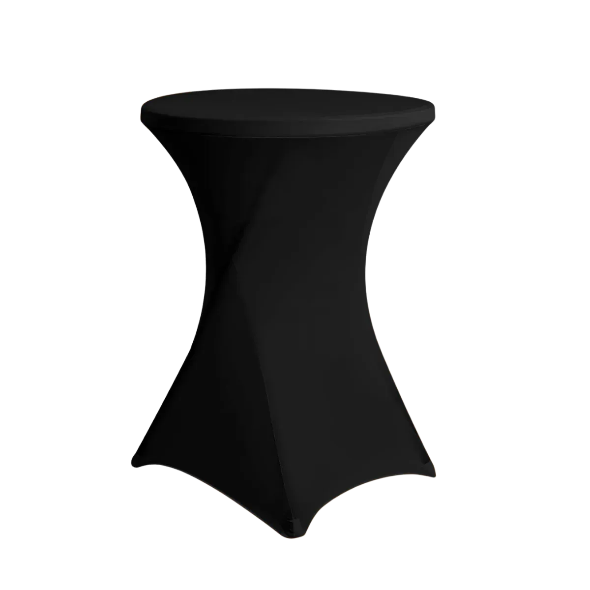 A black stretch cover on a bar-height round cocktail table, pulled flat over the top and running to the floor, waisted in at the middle where it follows the table stem and pinned at four points by corner foot pockets