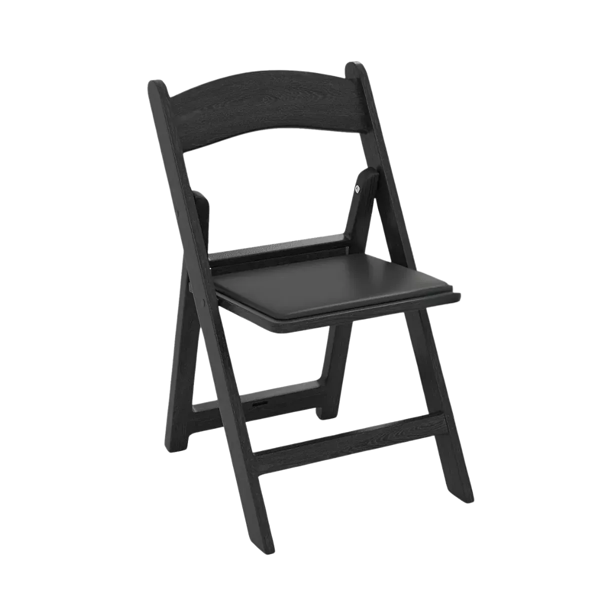 The same folding chair moulded in black, a wood grain running through the back rail and the legs with a smooth padded seat pad set on top