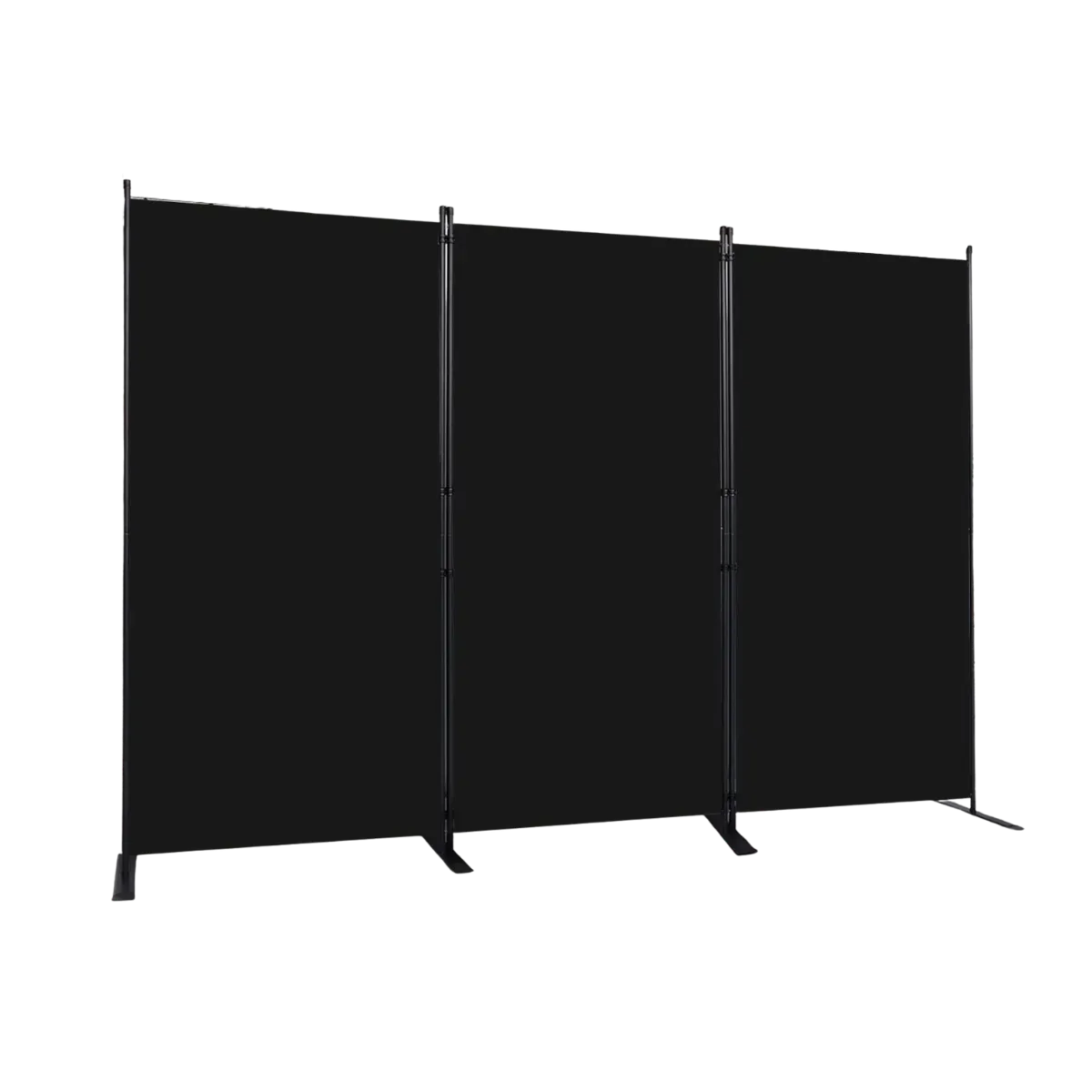 A black three-panel room divider standing open in a shallow zigzag, non-see-through fabric stretched between slim uprights with a widened foot extending from the base of each