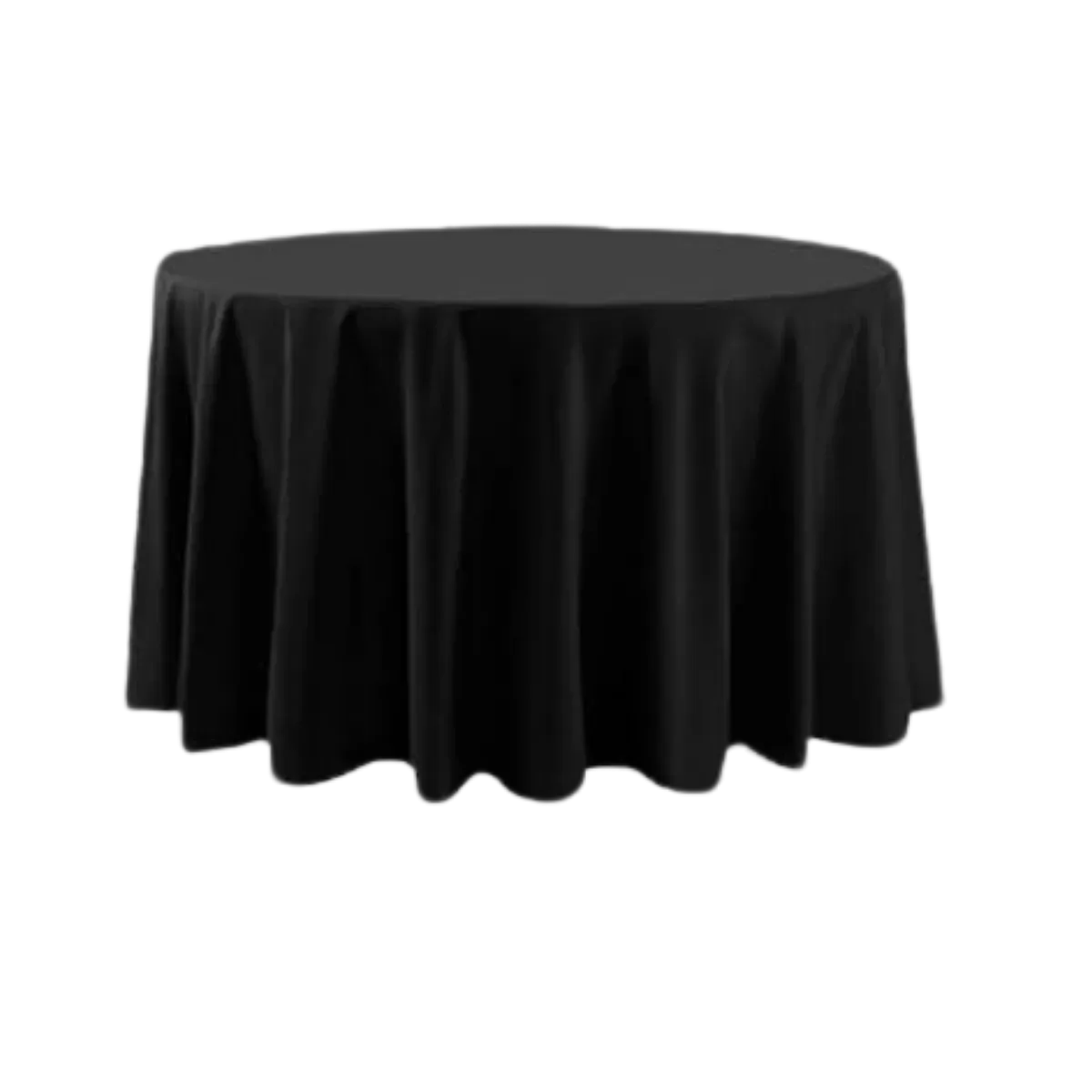 A black round tablecloth draped over a 48-inch round table, flat across the top and falling in soft vertical folds all the way round, ending short of the floor