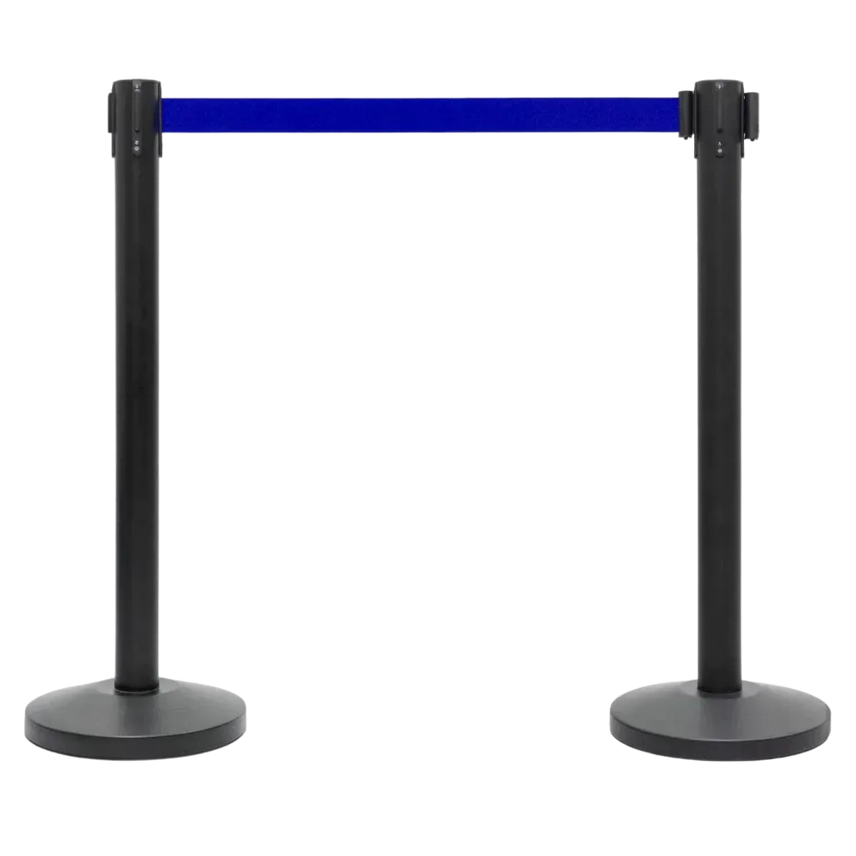 A pair of matte black belt posts on round weighted bases, a blue belt drawn taut between their heads