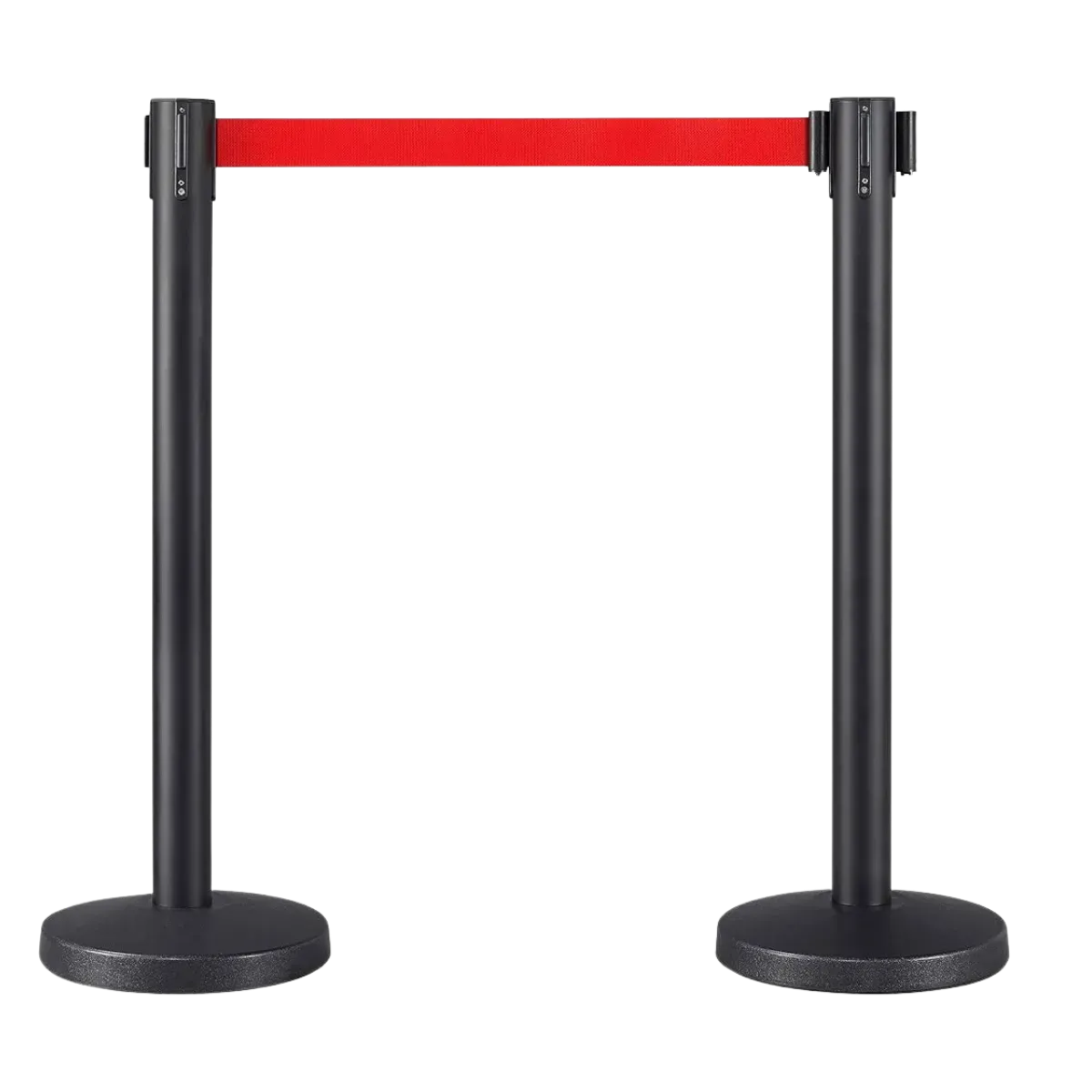 Two black powder-coated posts on textured round bases, a red belt run between the square cassette heads
