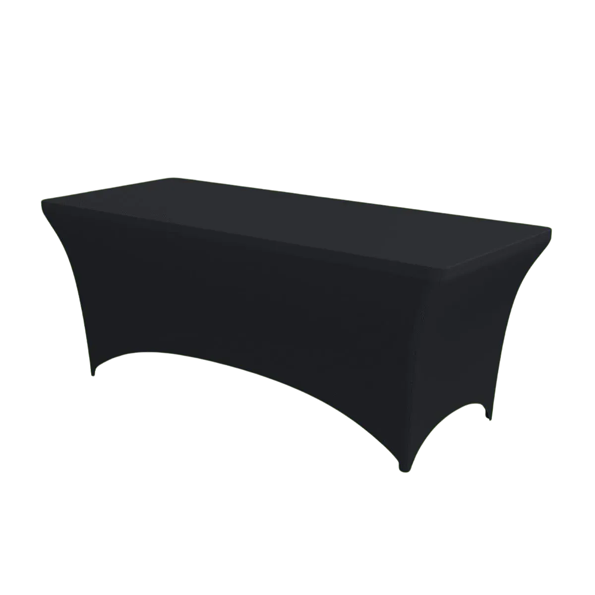 A black stretch tablecloth pulled over a rectangular banquet table, the fabric smooth across the top and drawn in tight down each leg so the frame underneath is completely hidden