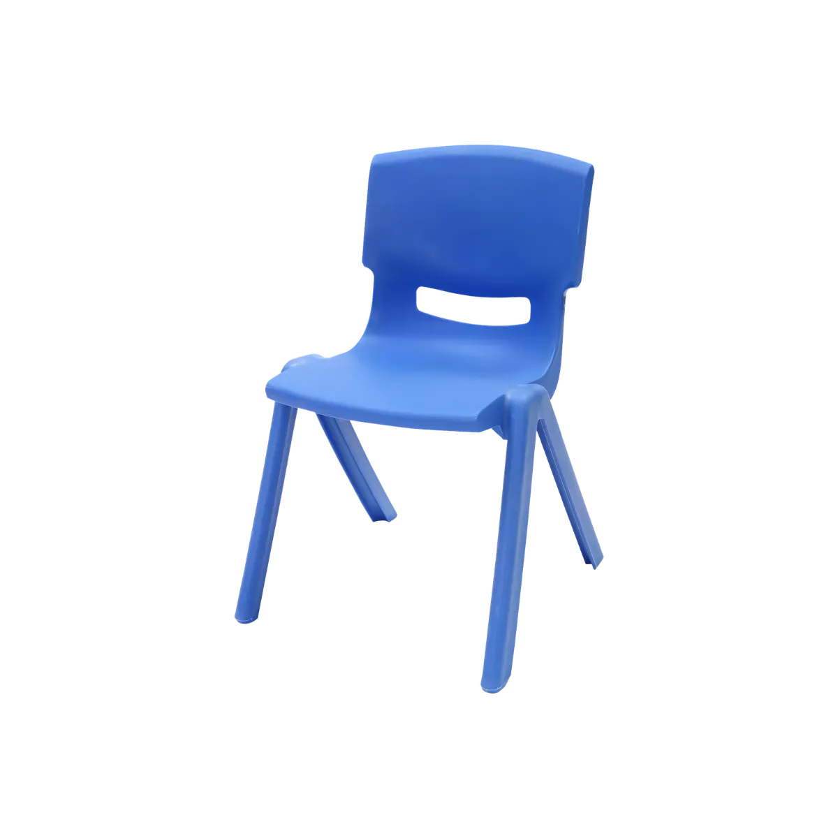 A blue children’s chair moulded from a single piece of plastic, rounded at every edge, with a low seat and a slot cut through the back to lift it by