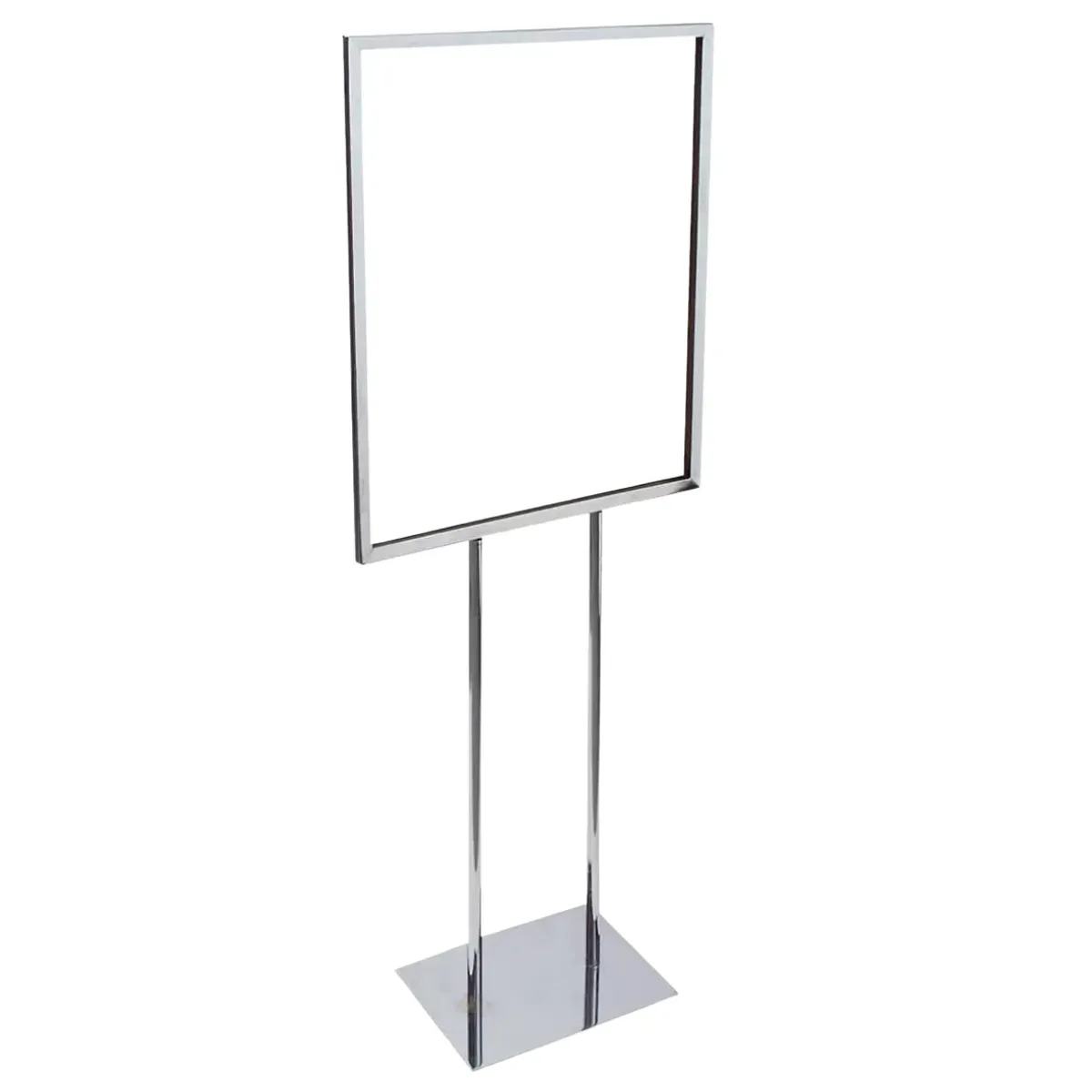 The same poster frame plated in bright chrome, the narrow border and both uprights catching a long highlight down one side, standing on a polished rectangular base plate
