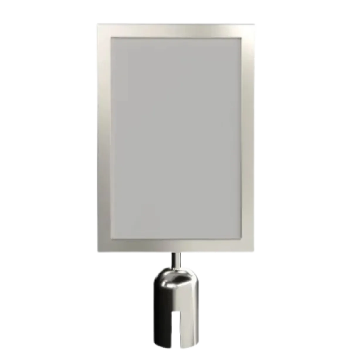 A polished chrome portrait sign frame on its slotted collar, the insert window empty