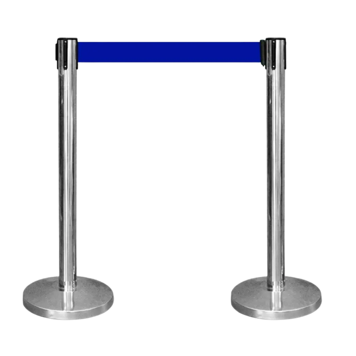 Two polished stainless posts carrying a blue belt between black four-way heads