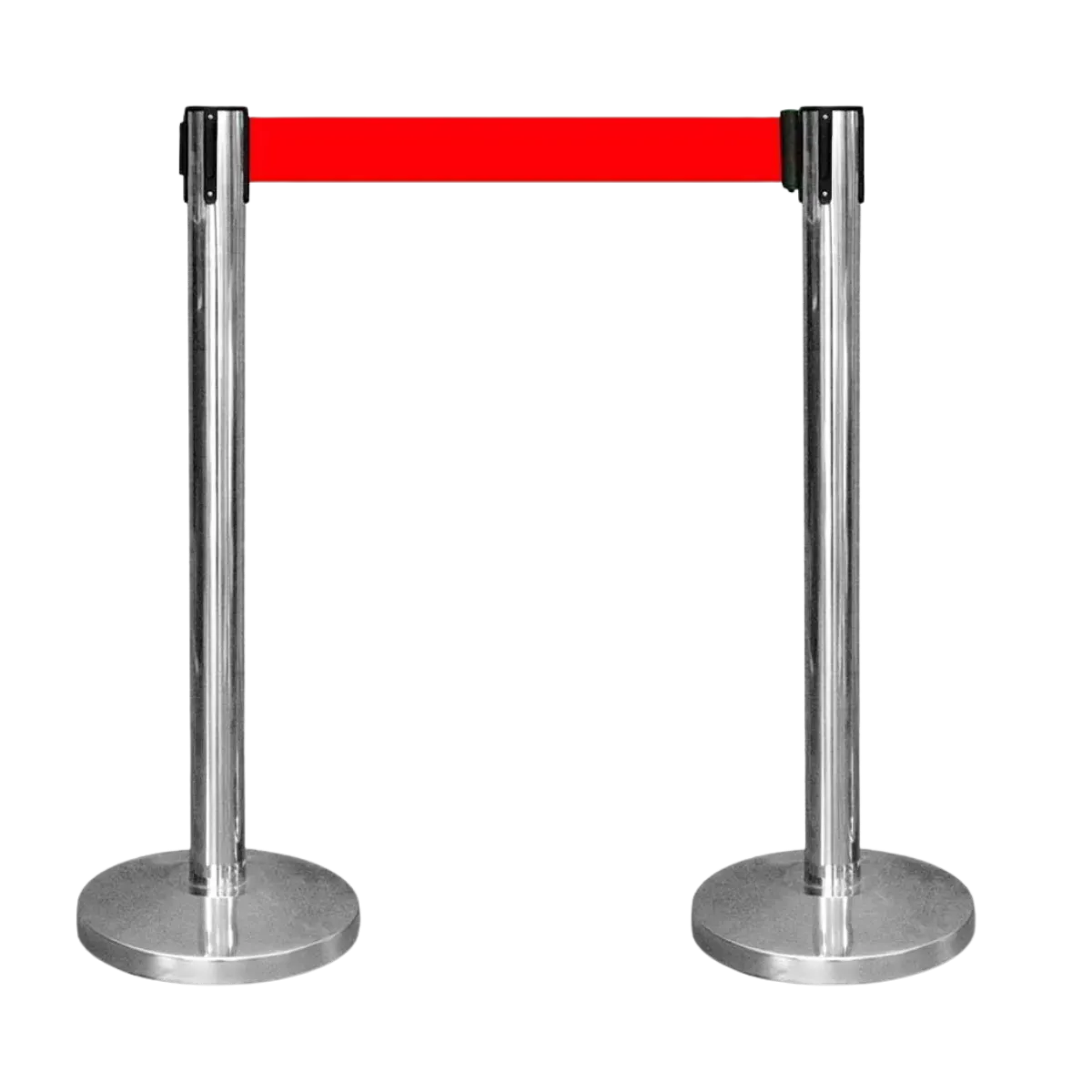 The same stainless pair with the belt in red, run at hip height from one head to the other