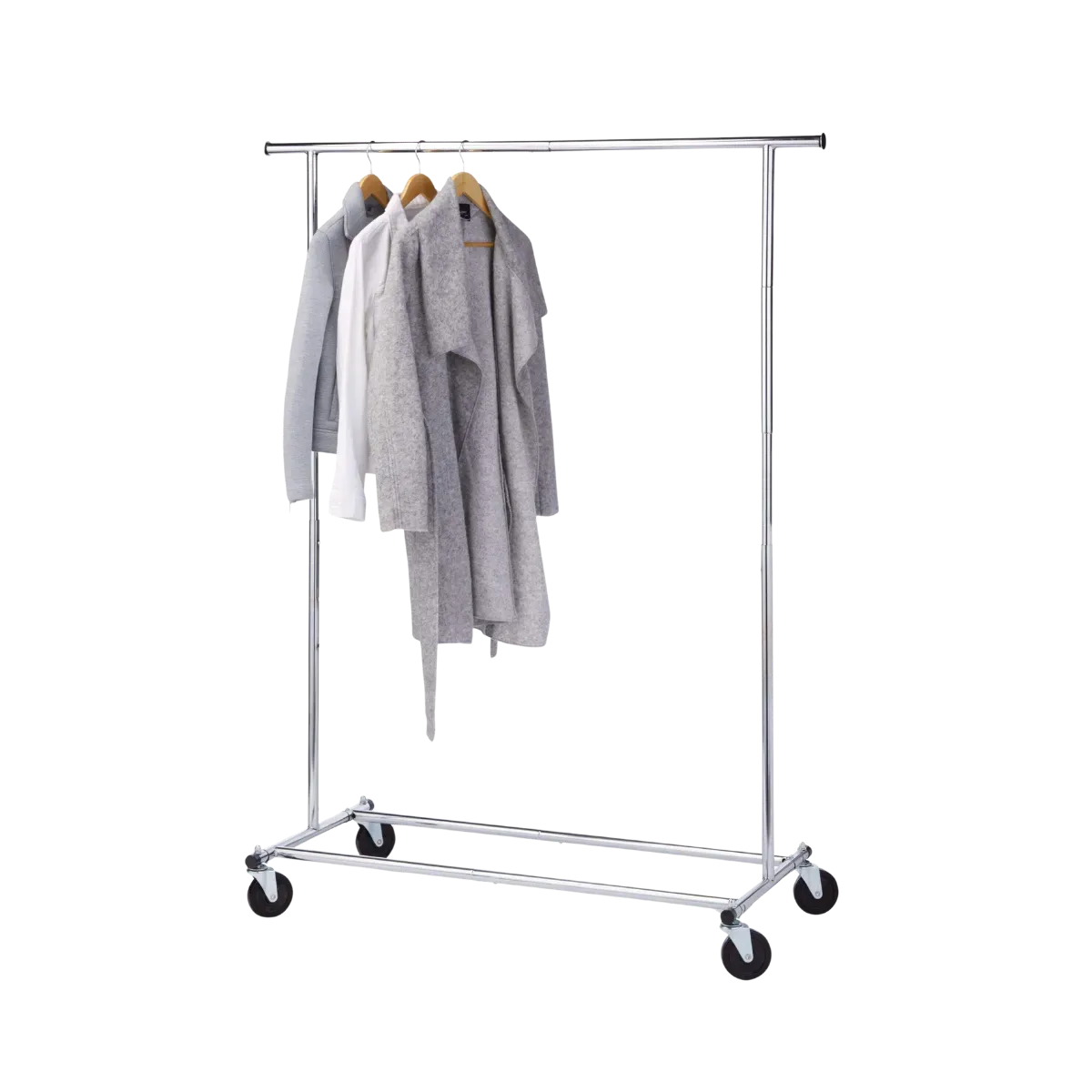 A chrome rolling coat rack photographed on white, one long hanging rail carried on two uprights above a rectangular tubular base, three coats on wooden hangers at one end and four black swivel casters underneath, two of them carrying a brake lever