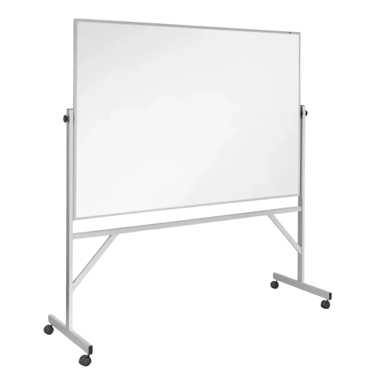 A large white writing board held in a slim aluminium frame that pivots between two uprights, standing on a wheeled base with a full-width tray running along the bottom rail
