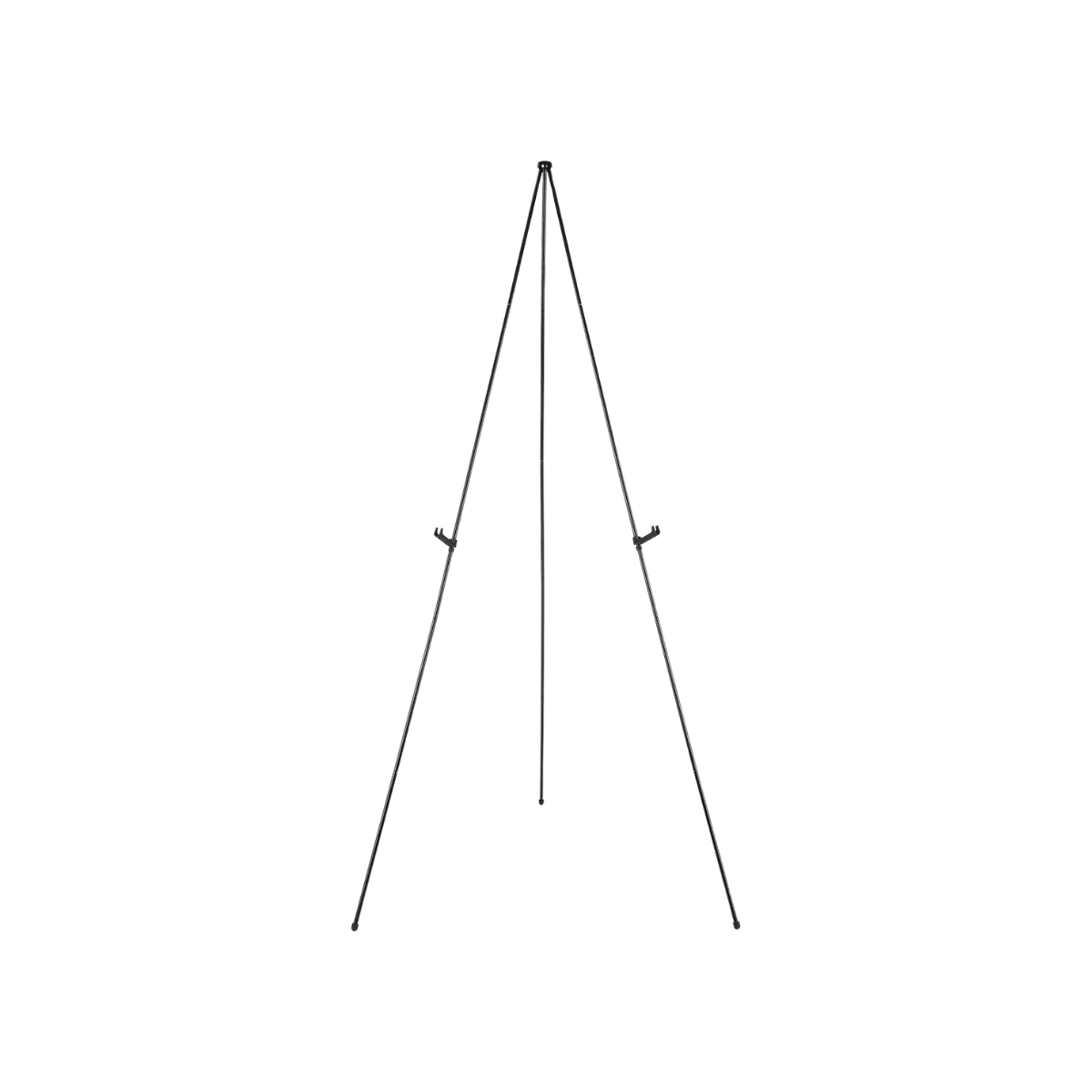 A black steel tripod easel standing open and empty, three thin legs meeting at a cap above and a pair of small L-shaped clips facing forward at about waist height