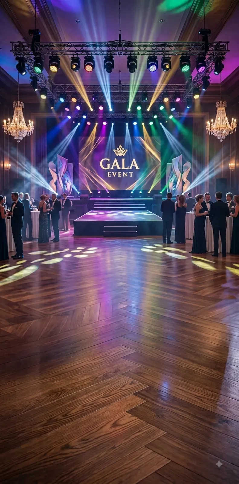 A ballroom dance floor under moving heads rigged on an overhead truss, green blue and violet beams crossing above guests in black tie and patterns thrown across the parquet