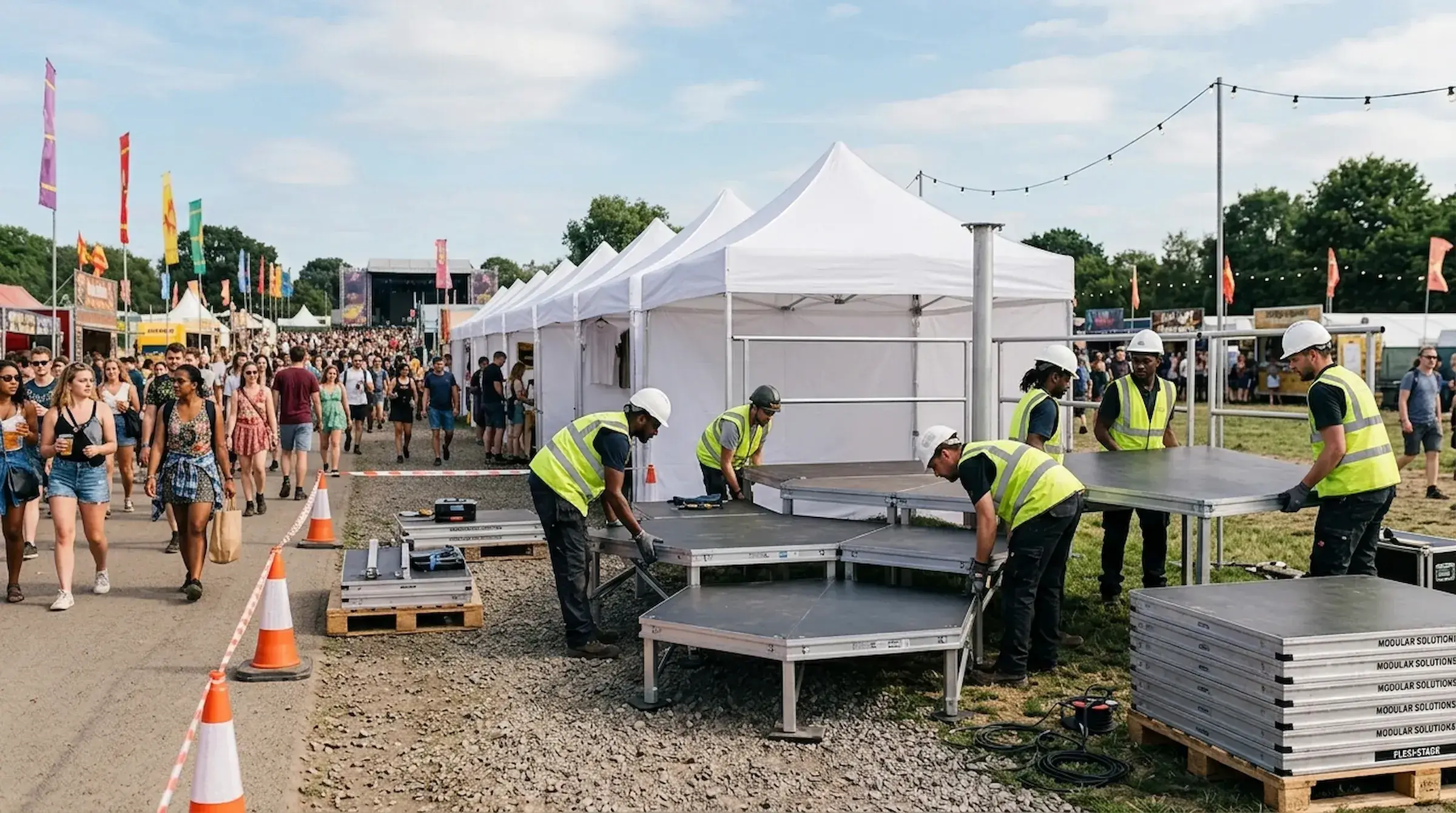 A festival site part-way through build, a modular stage deck being laid out square by square on grass while a lorry crane flies a lighting bar up to a truss roof and audience walk past behind a run of bike rack barricades