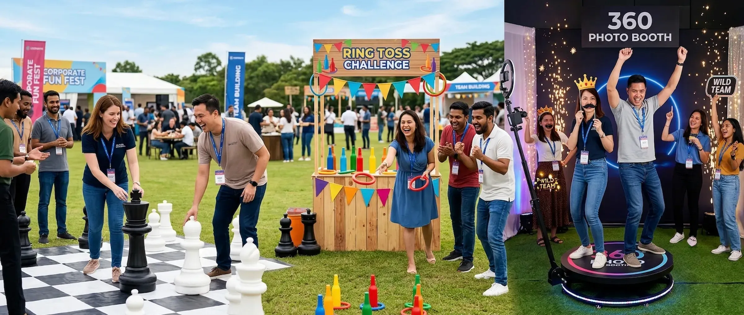 Three games set out on a grass field at an outdoor corporate event — a giant chess board with knee-high pieces, a wooden ring toss stall with coloured bottles on its counter and a lit 360 photo booth platform with guests standing on it