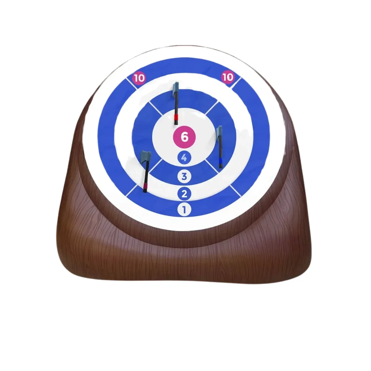 An inflatable dartboard with a wood-grain printed body and a blue and white scoring face numbered from one to ten, three grey foam axes stuck to the target where they landed