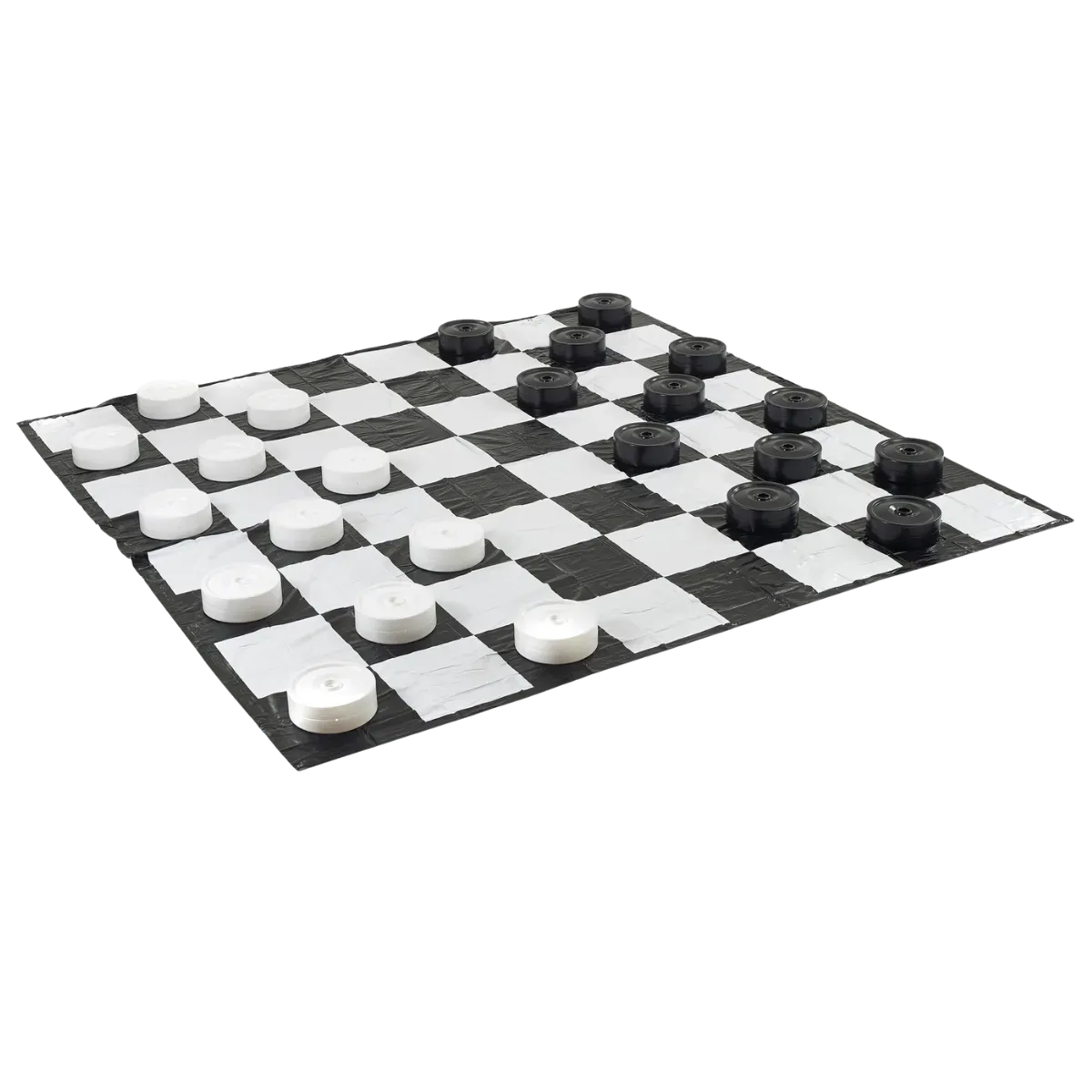 An oversized checkers set laid out for the start of a game on a folding black and white vinyl mat, thick white discs ranked across three rows at one end and matching black discs at the other