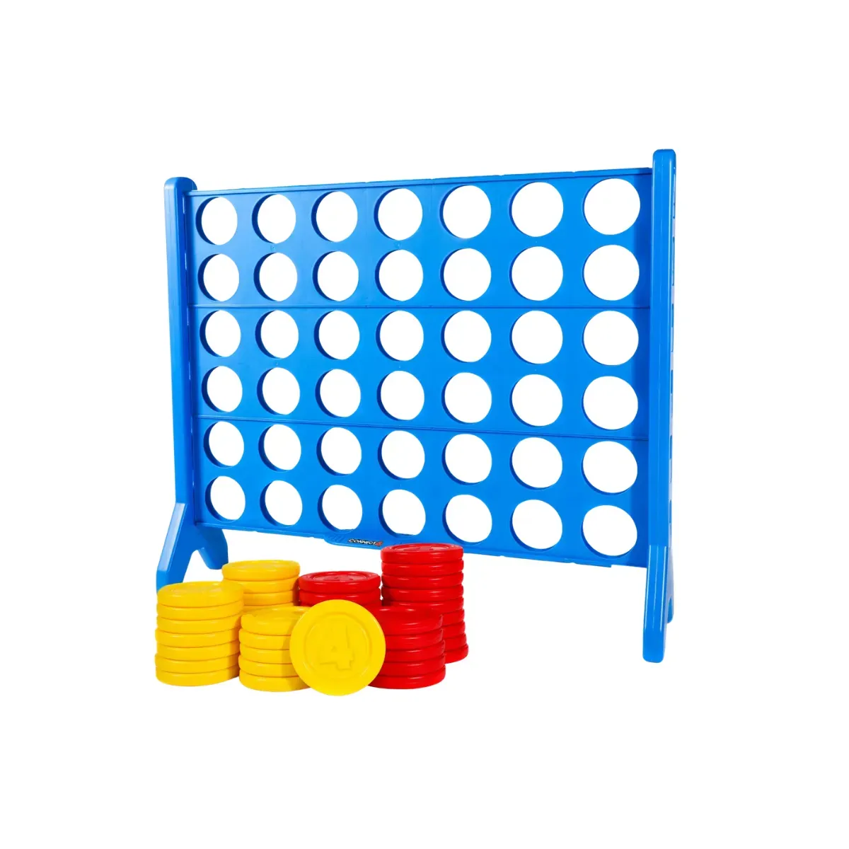 A bright blue moulded four-in-a-row frame standing on two angled feet, seven columns of six empty round holes across its face, with stacks of red and yellow coins piled on the ground beside it