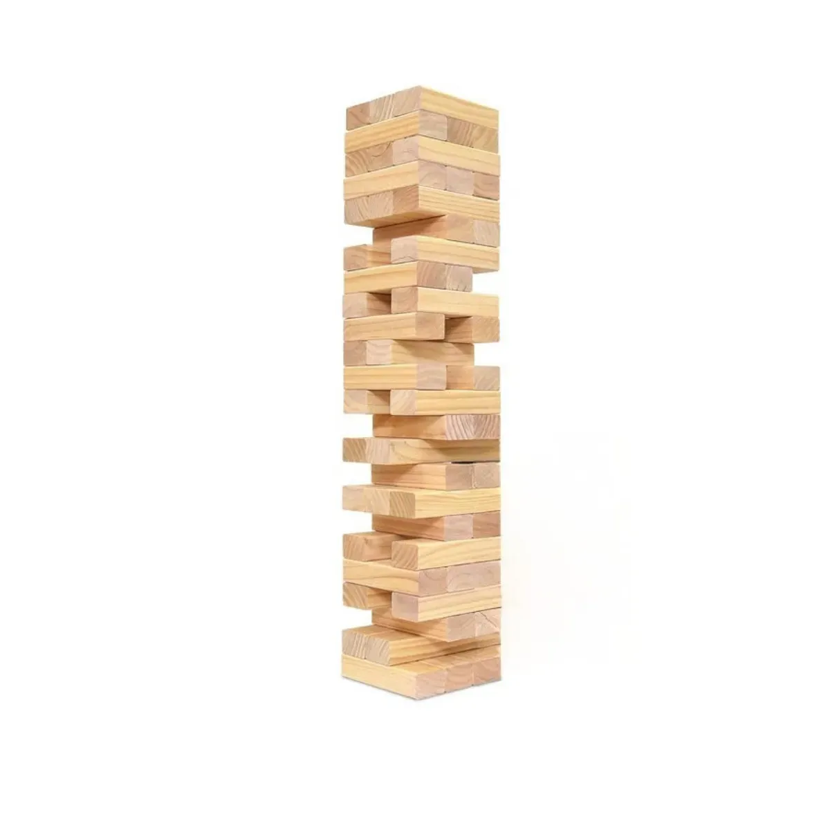 A tall tower of pale pine blocks stacked in alternating layers of three, several blocks already pulled part-way out so the courses sit staggered against each other