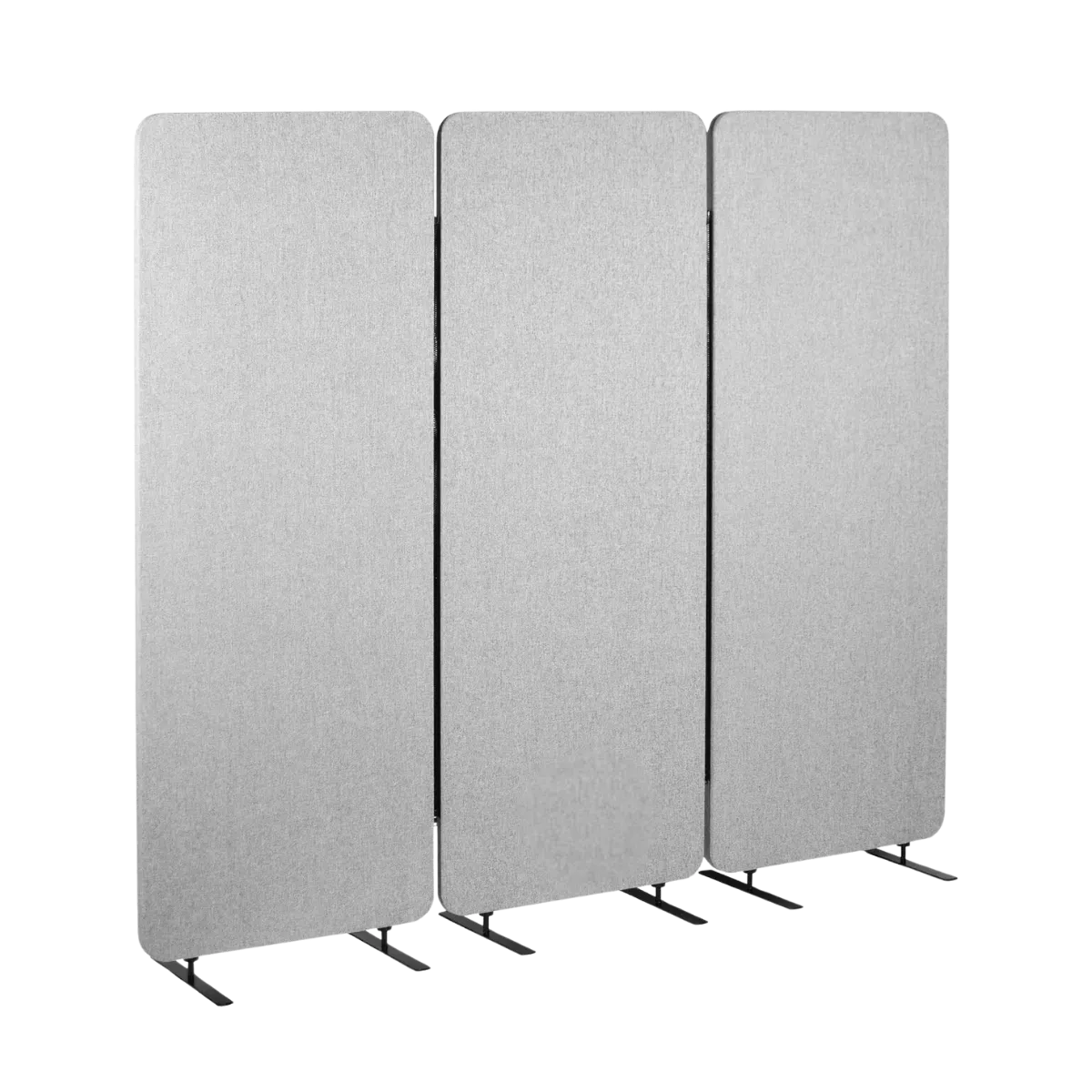 Three grey acoustic panels zipped together into one screen, each a soft-edged rectangle of felt standing on a thin black foot