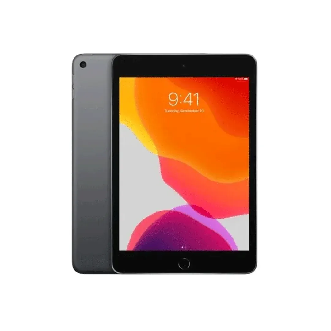 A dark grey iPad standing upright with its lock screen lit orange and red, a second one behind it showing the back and the camera