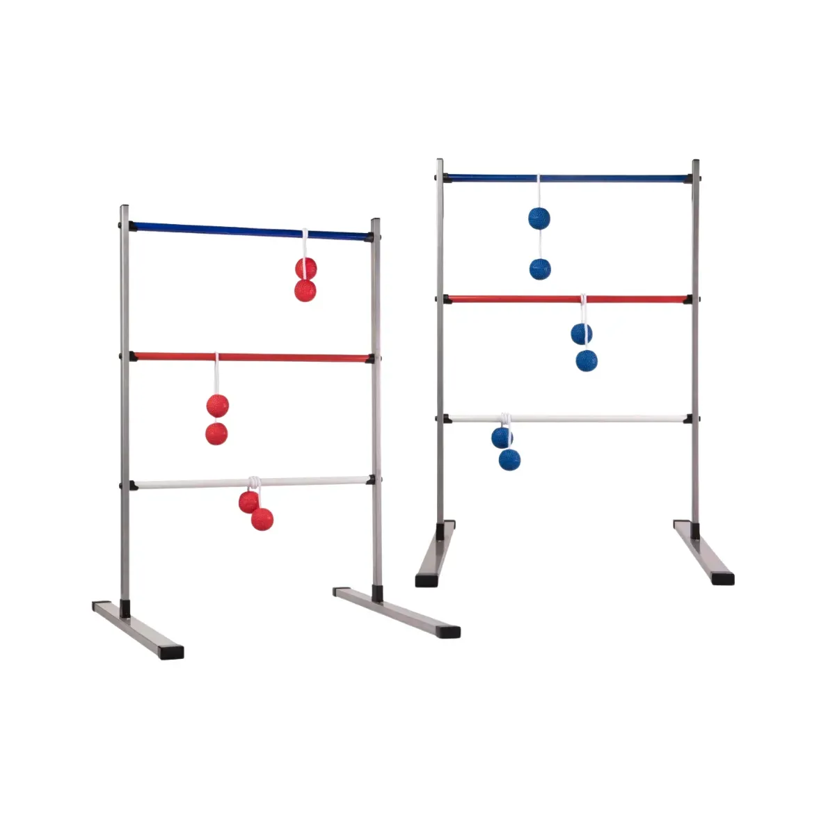 Two brushed steel ladder toss frames standing on flat foot rails, each with three cross bars in blue, red and white, red bolas hanging over the bars of one frame and blue bolas over the other