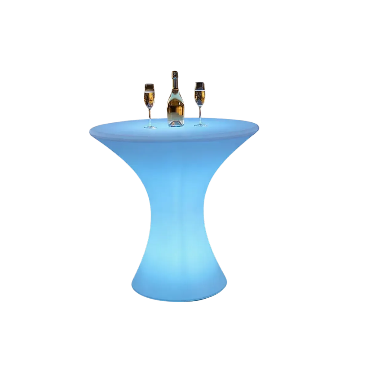 A cordless LED table lit pale blue right through its moulded body, the round top carrying a bottle and two filled flutes
