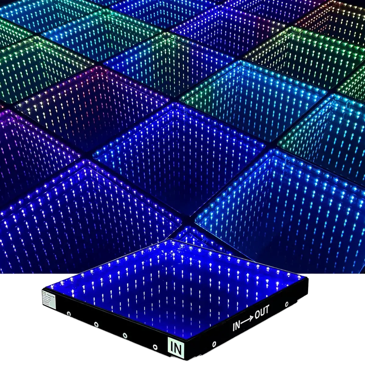 An LED dance floor lit in blue, green and violet, each glass panel appearing to fall away into a mirrored tunnel of light, with one panel shown separately below on its black frame with IN and OUT marked along the edge