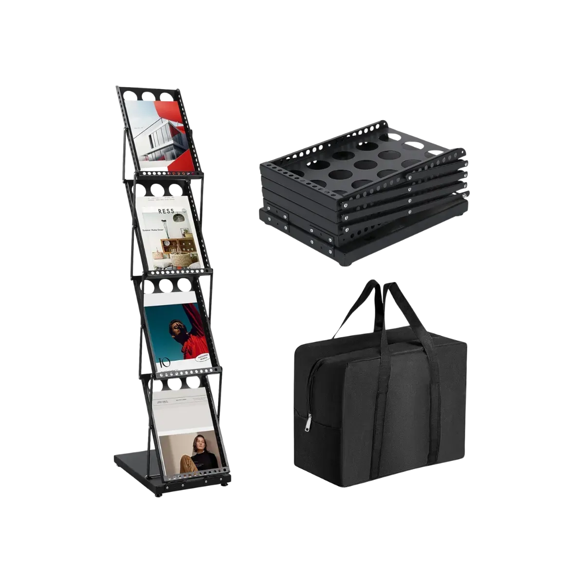 A folding black metal literature rack standing open with a brochure in each of its four pockets, shown beside the same frame collapsed into a flat stack of perforated shelves and the black zip-up tote bag it travels in