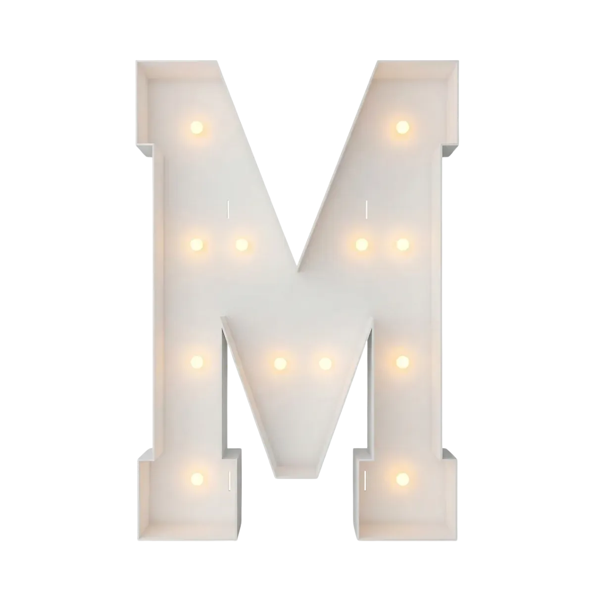 A freestanding capital letter in white with a deep side wall, round bulbs set into its face glowing warm white, photographed square on against a plain ground