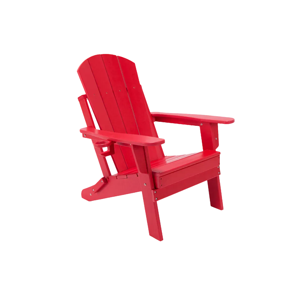 A red folding Muskoka chair seen from the front three-quarter, its slatted back raked back over wide flat arms with a cup holder recessed into one of them