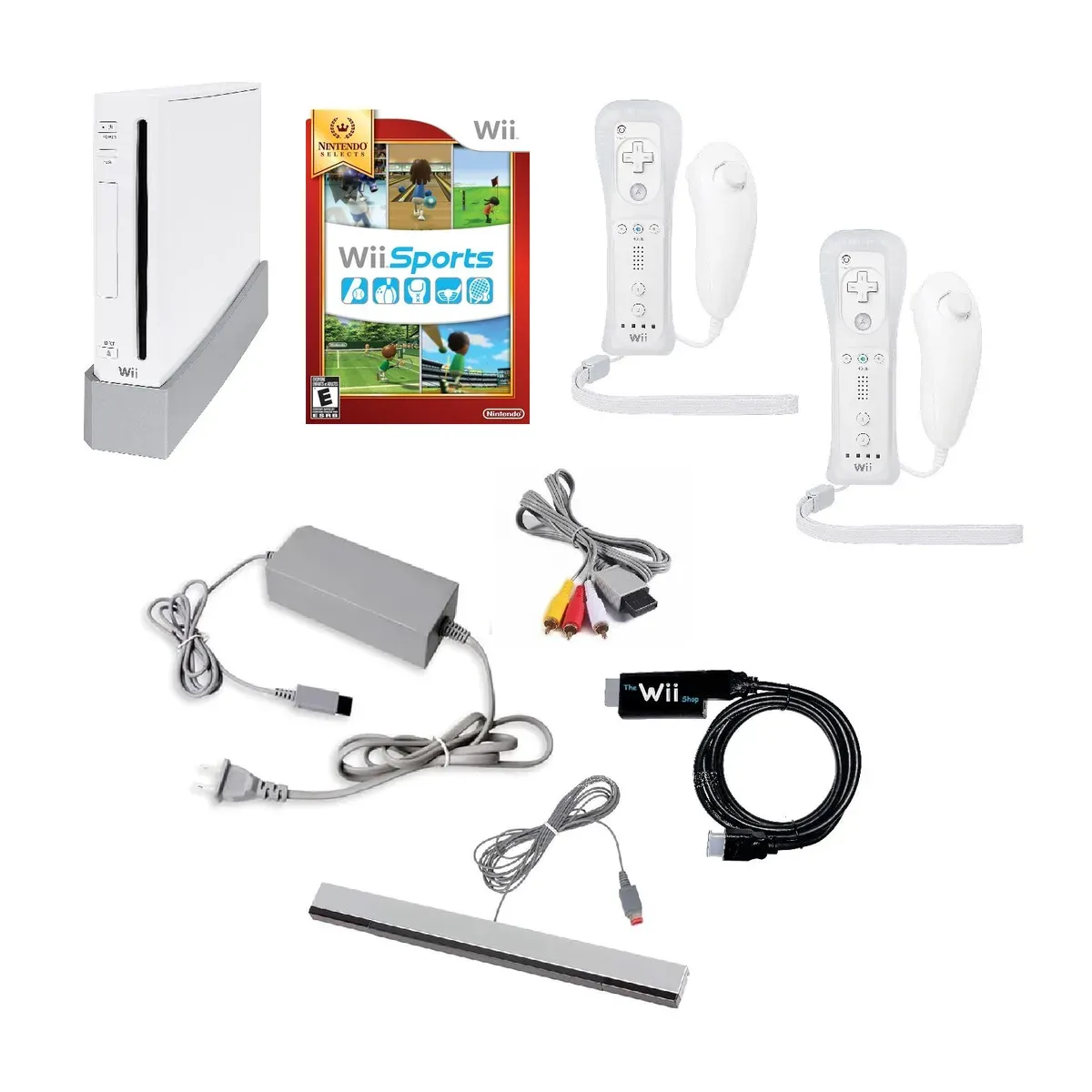 A white Wii console standing in its grey base beside a Wii Sports box, two white Wii Remote controllers in clear jackets each with a Nunchuk attached, a grey power adaptor, an AV cable with yellow, red and white plugs, a silver sensor bar and a black HDMI adapter on its cable